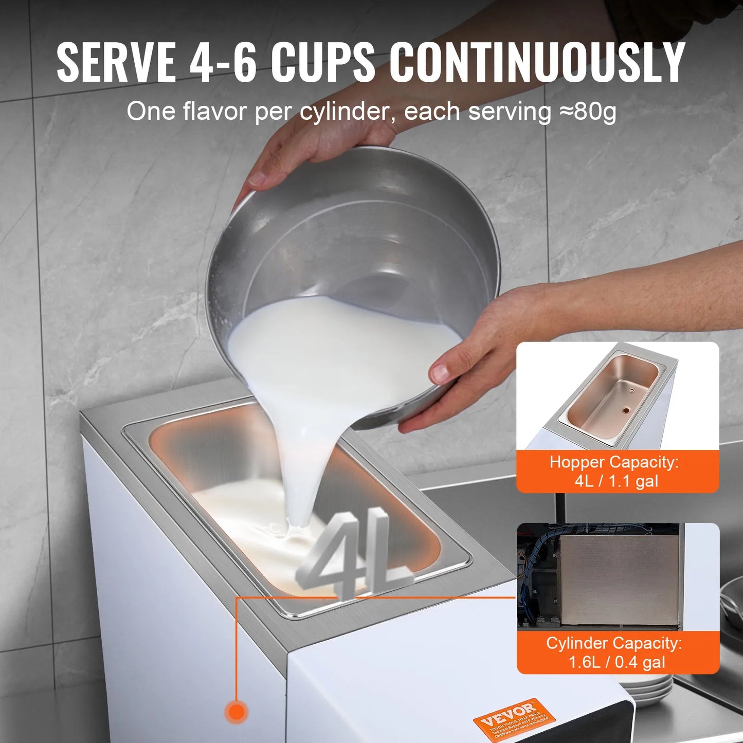 VEVOR Commercial Ice Cream Machine 10.6 QT/H Yield 1000W Single Flavor Countertop Soft Serve Ice Cream Maker 4L Hopper  Cylinder