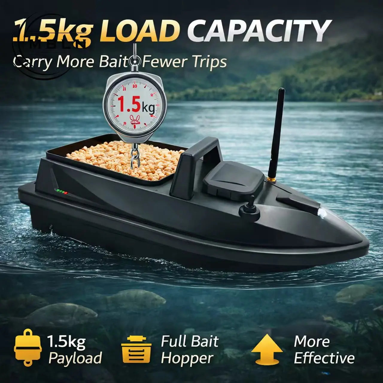 MBLN Mini Bait Boat 500m Remote Control, Ultra-Quiet Dual Motor, Cruise Control, 1.5kg Load, Night Lights, Auto Yaw Correction
