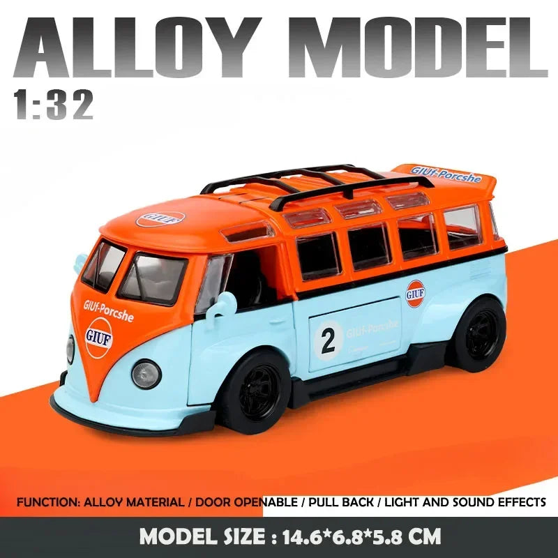 1:32 T1 Bus Model Sound Light Children Boy Diecast Toy Vehicle Collective Home Decor Metal Miniature Voiture