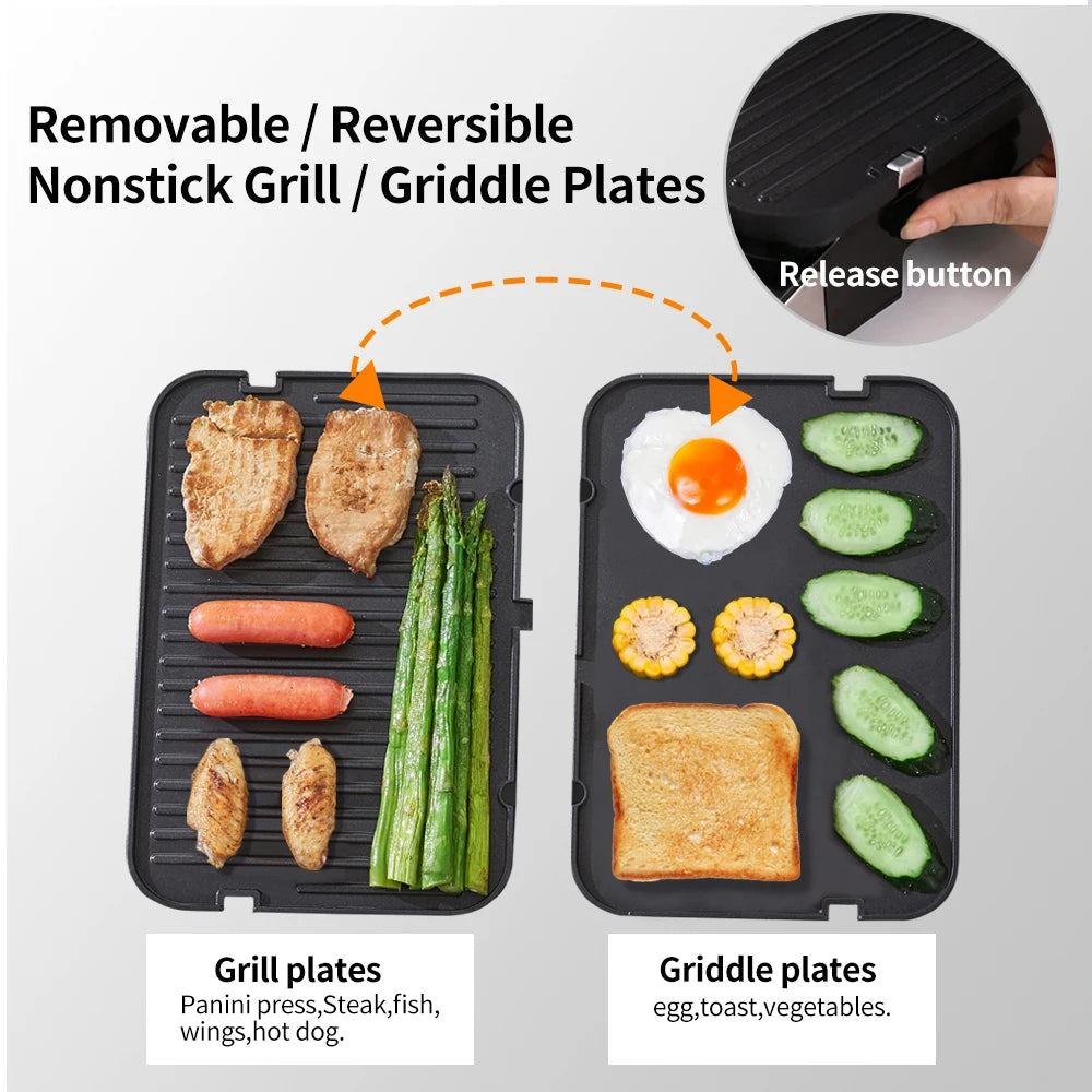 BioloMix 2000W Digital Contact Grill Features 180 Degree Open Design Optional Waffle Maker Plates for Panini BBQ and More