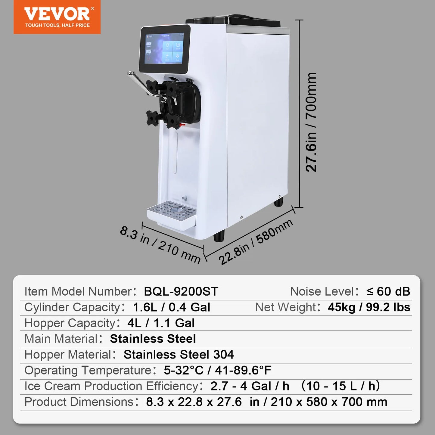 VEVOR Commercial Ice Cream Machine 10.6 QT/H Yield 1000W Single Flavor Countertop Soft Serve Ice Cream Maker 4L Hopper  Cylinder