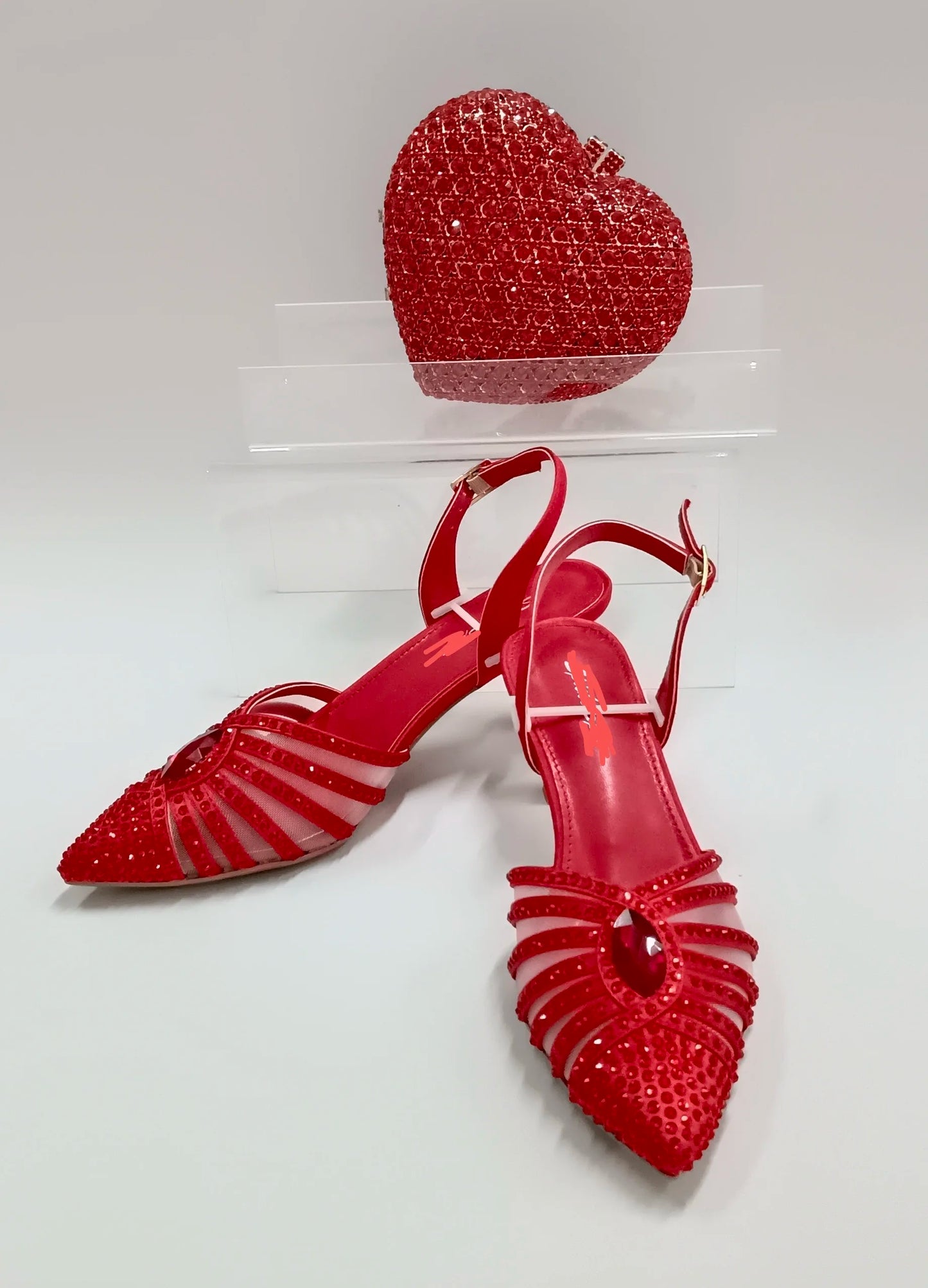 INSIGHTLINK Red Color Party Shoes and Bags Nigerian Women’s Suit Medium Heel Pointed Toe Women’s Shoes  Rhinestones sandals Red