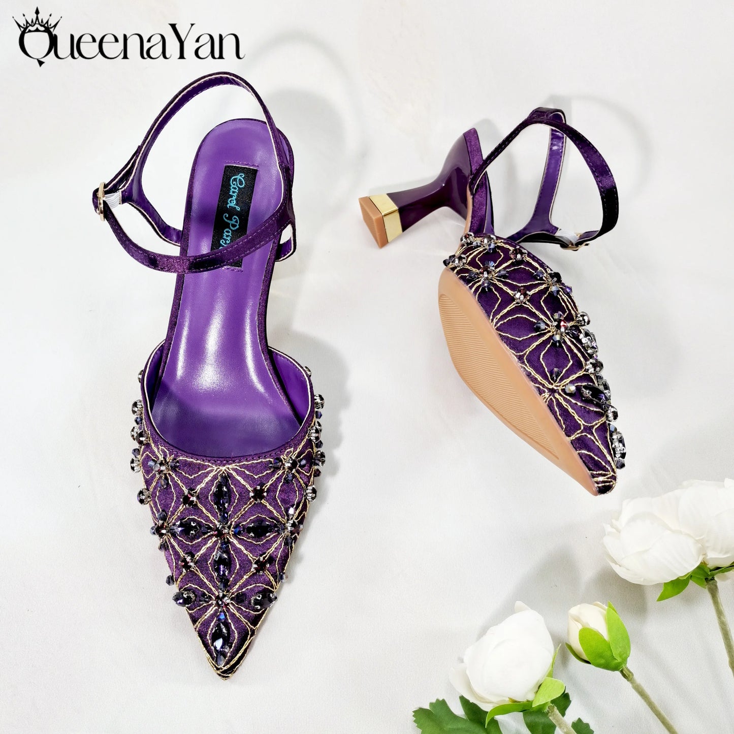Queena Yan The best gift: Sweet Design Embroidered Beaded Pointed Toe Shoes Comfortable Square Heel Sandals