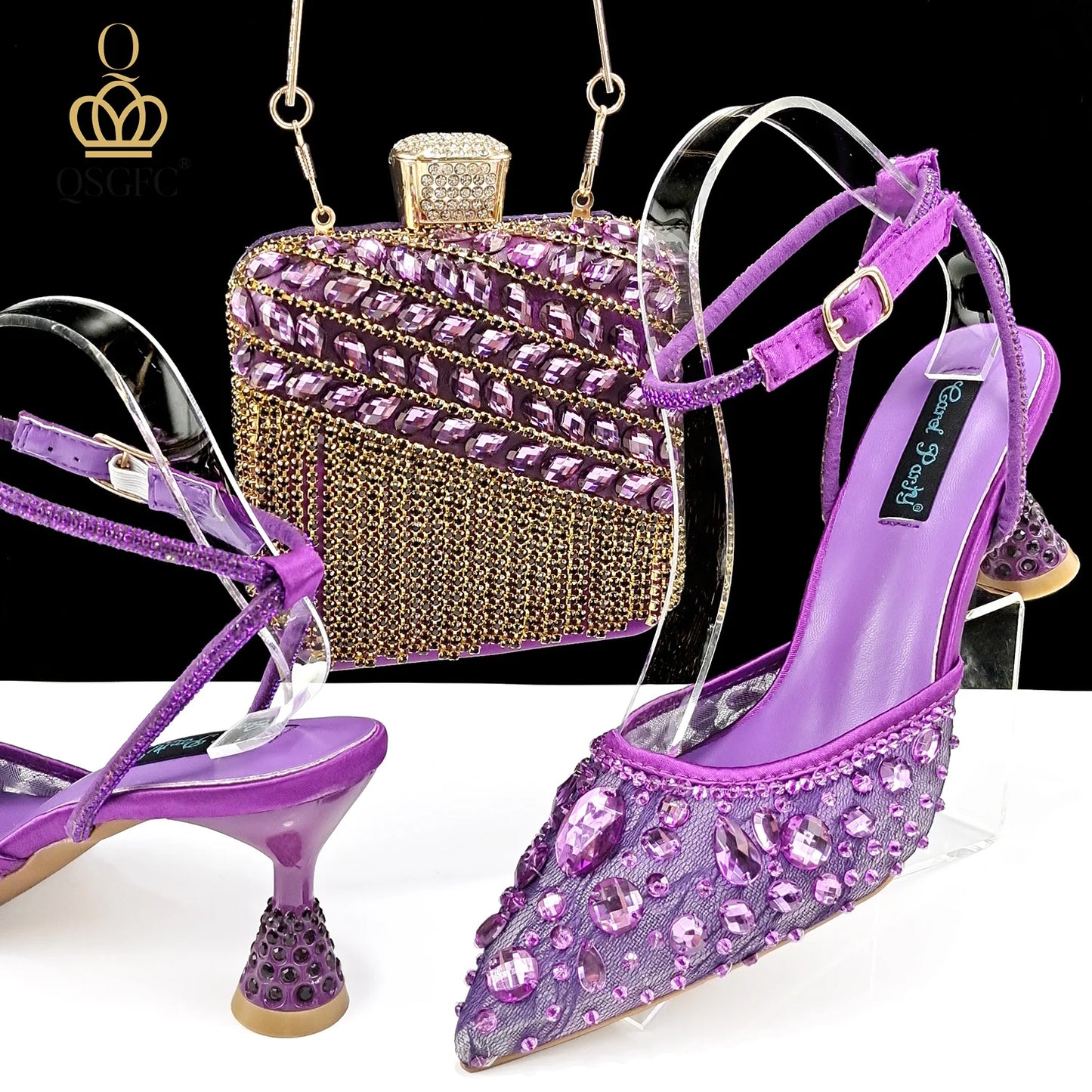 Shiny Purple Color Shoes and Bag Elegant Handbags and Medium Heel Shoes Beautiful Handmade shoes For Wedding Party