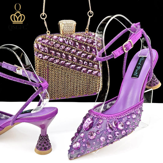 Shiny Purple Color Shoes and Bag Elegant Handbags and Medium Heel Shoes Beautiful Handmade shoes For Wedding Party
