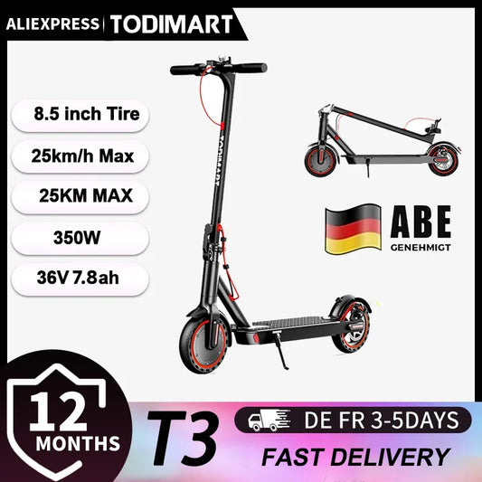 Todimart T3 ABE adult electric scooter, 36V 7.8AH, 350W (500W), 25-35KM, 8.5-inch tires, Elektroroller mi Abee