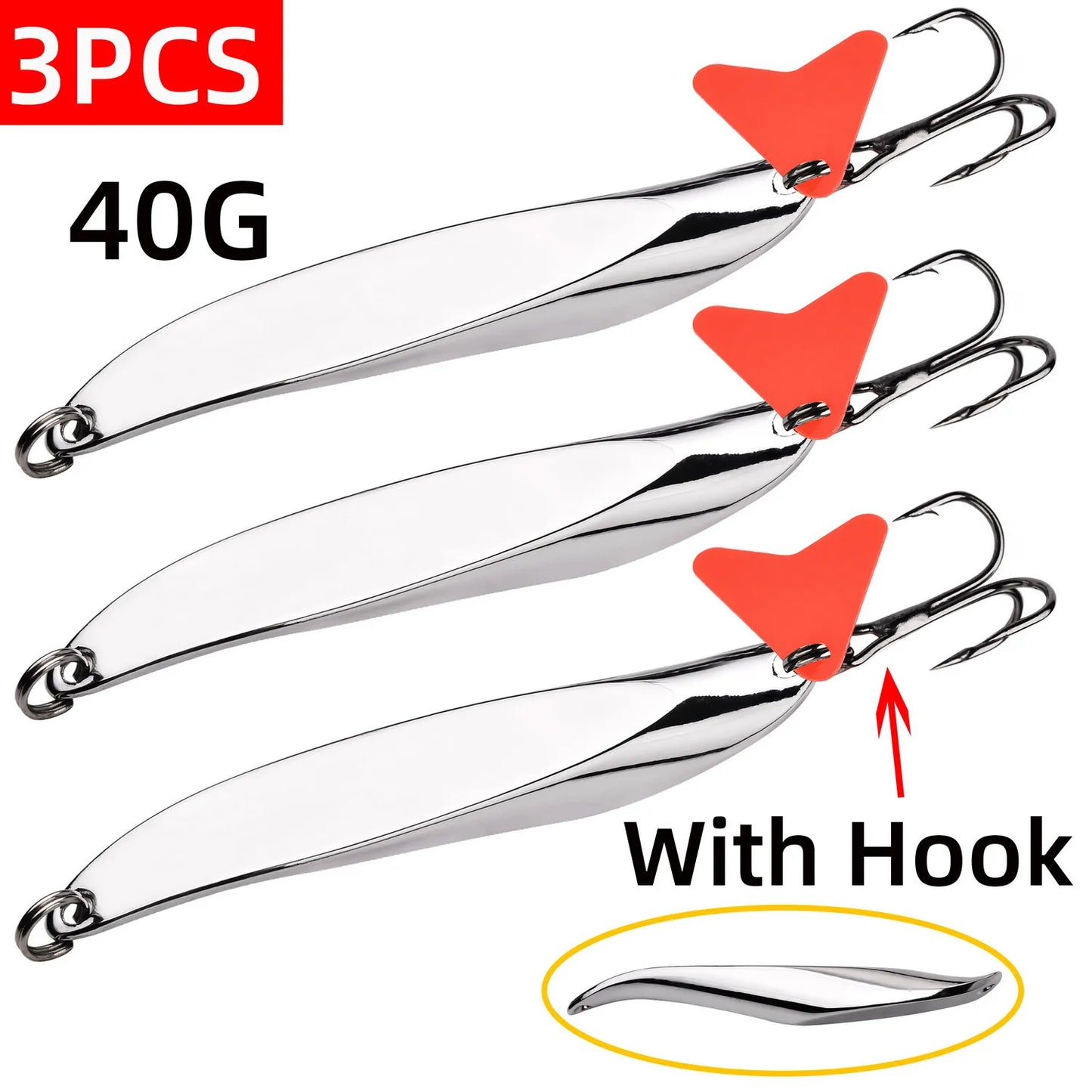 3PCS Hard Bait Silver Spoon Jigging Lure Metal Treble Hook Casting Blade Spinner Trolling Spoons Stainless Sheel Spinner Bait