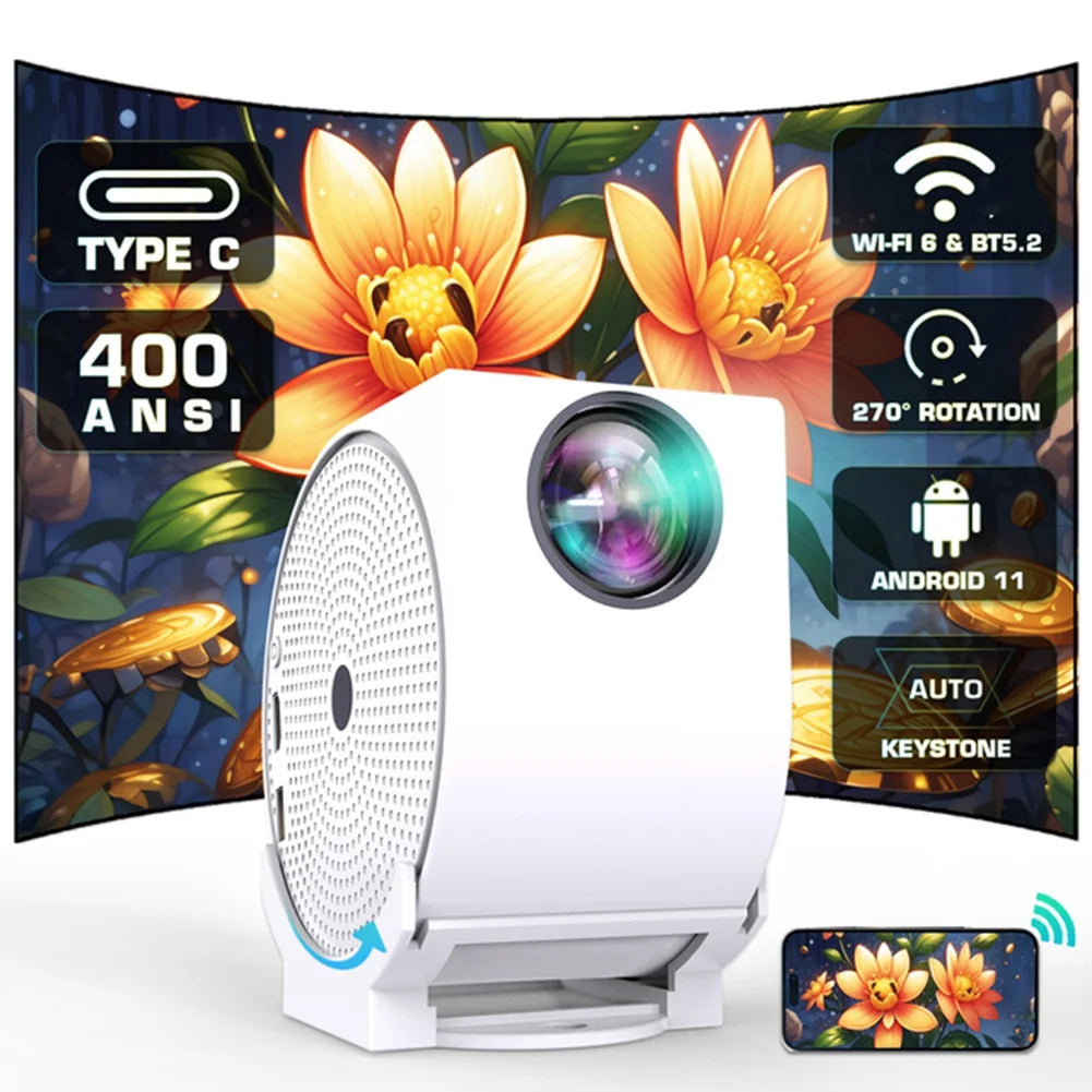 B53CC TYPE C 4K 400ANSI Mini Projector with WIFI and Bluetooth,BT5.2 4K Movie Video Projector with 270° Rotatable EU PLUG