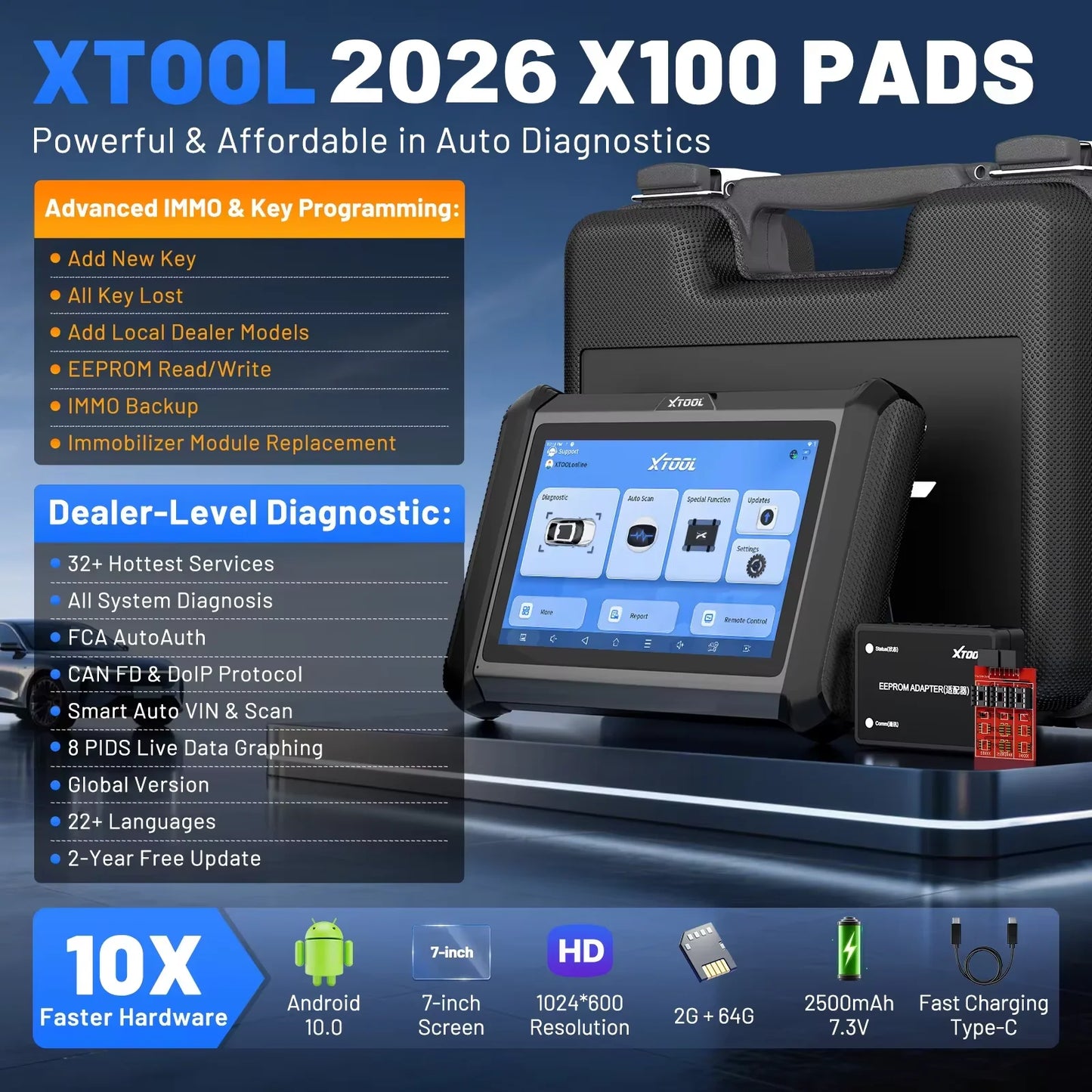 XTOOL X100 PADS Key Programmer Read/Write IMMO Chip Programming Smart Key Car Diagnostic Tool Automotive Scanner CANFD DOIP FCA