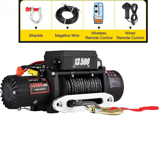 SIHAO 13500LB 12V Electric Capstan Winch - 92-Alloy Synthetic Rope 27M for Off-Road 4x4 Car/ATV/Boat/Trailer Lift Waterproof