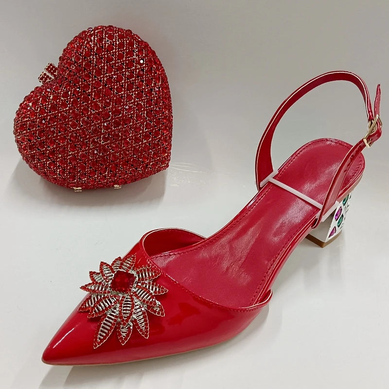 INSIGHTLINK Red Color Party Shoes and Bags Nigerian Women’s Suit Medium Heel Pointed Toe Women’s Shoes  Rhinestones sandals Red