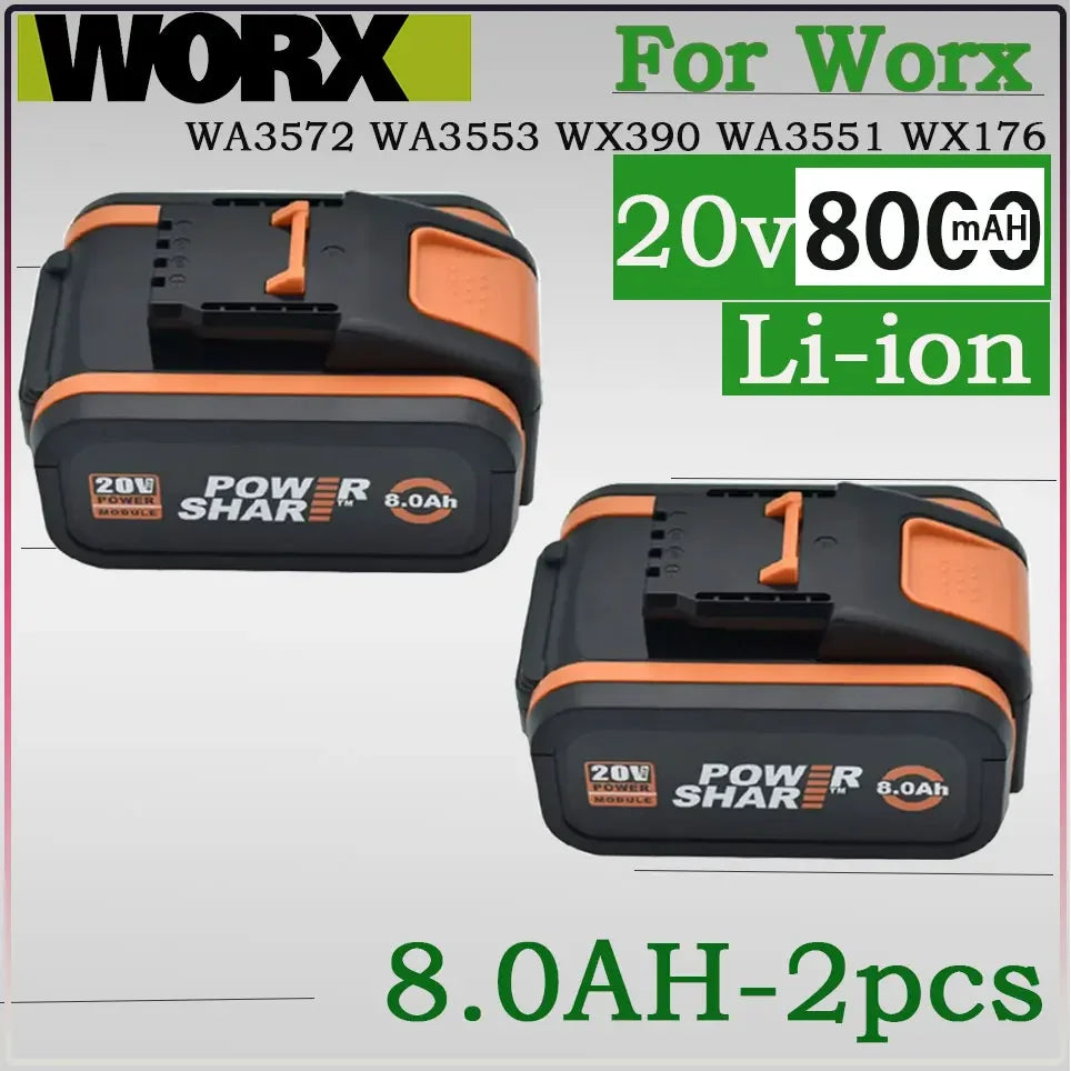 Worx Original 20V 8.0Ah Lithium battery Rechargeable WA3553 WA3551 WA3553.1 WA3570 for All WORX Electric and Garden Tools