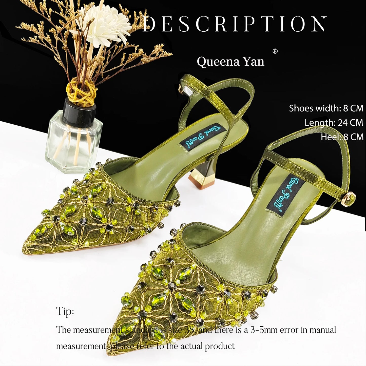Queena Yan The best gift: Sweet Design Embroidered Beaded Pointed Toe Shoes Comfortable Square Heel Sandals