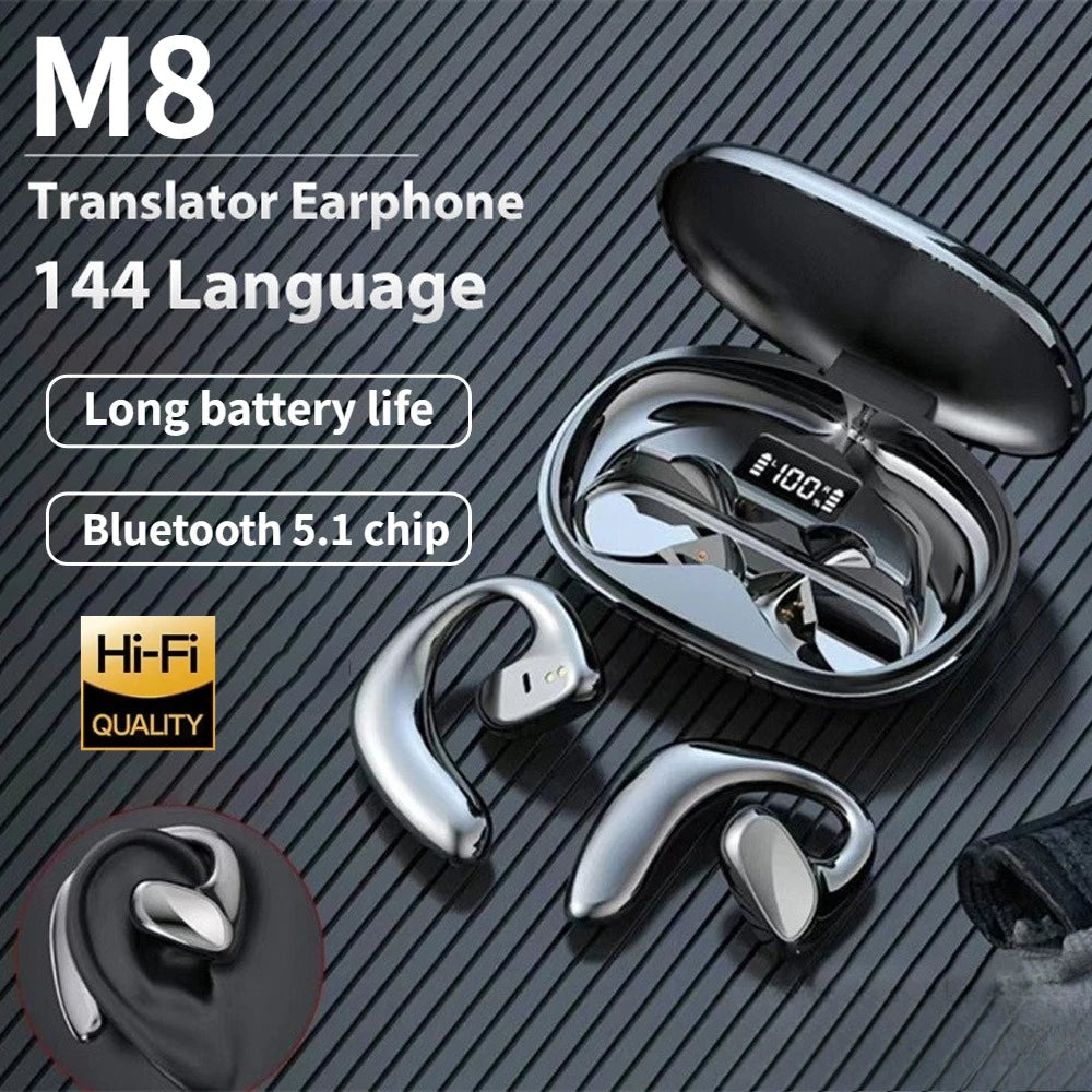 M8 Intelligent Translator Earbuds 144 Languages High Accuracy Wireless Bluetooth Two Way Ear-hanging Translator Headsets Device