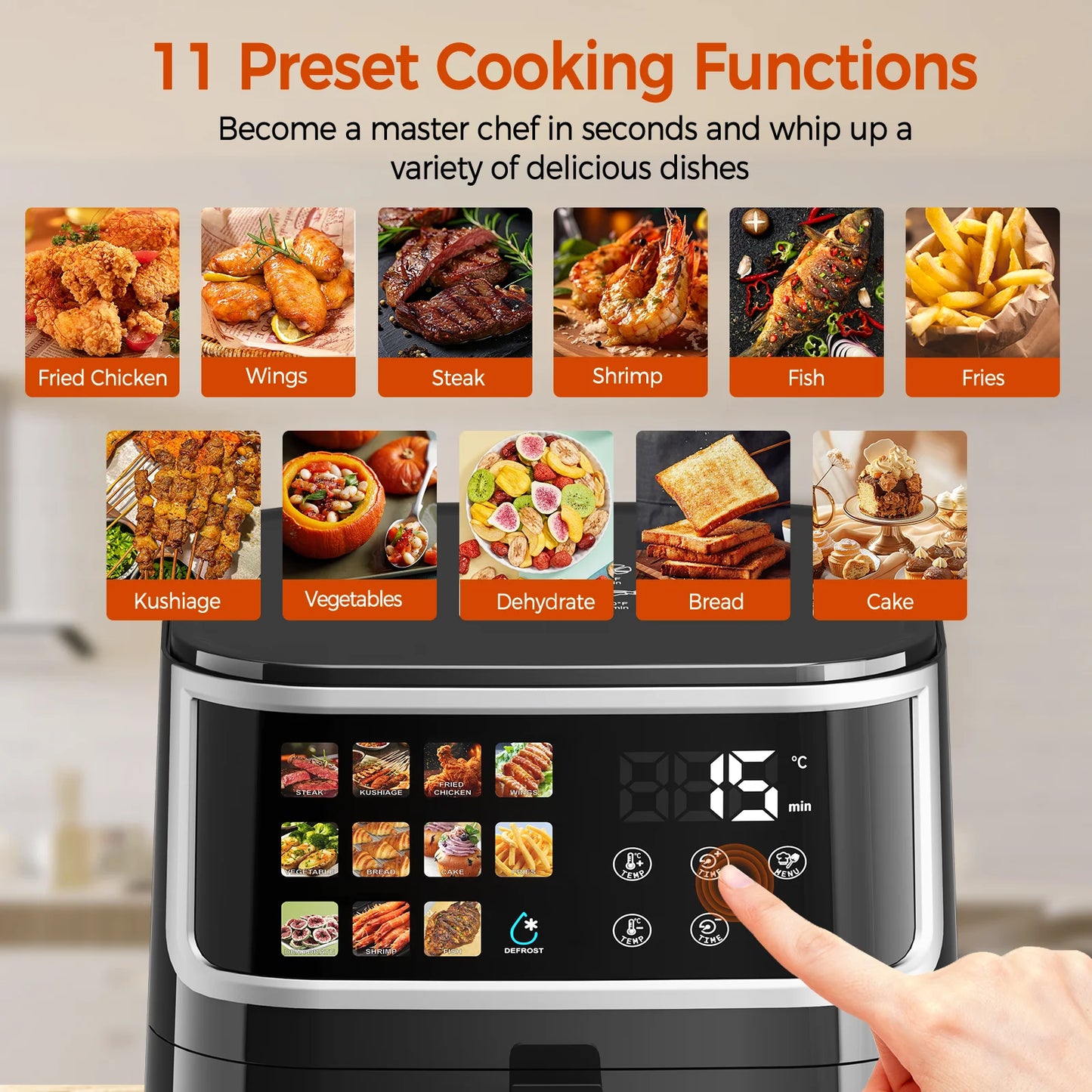 Patbrela Non-fat fryer 8L Large Hot Air Frye with Led Screen 11 Preset Functions Roast Bake Dehydrate Reheat Quiet Non-Stick