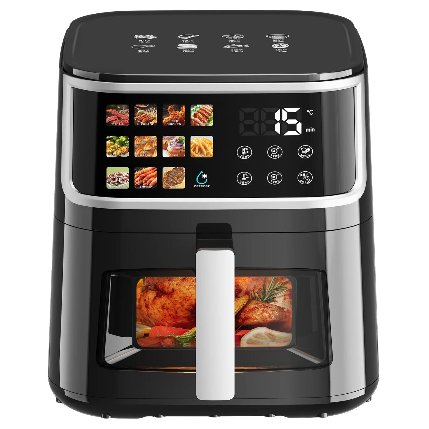 Patbrela Non-fat fryer 8L Large Hot Air Frye with Led Screen 11 Preset Functions Roast Bake Dehydrate Reheat Quiet Non-Stick
