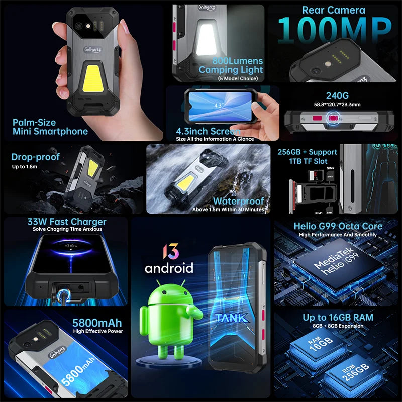 Unihertz 8849 Tank Mini Rugged Smartphone 4.3 Inch Small Cell Phone 24GB+256GB Android 13 5800mAh 100MP Cameras IP68/IP69K Phone
