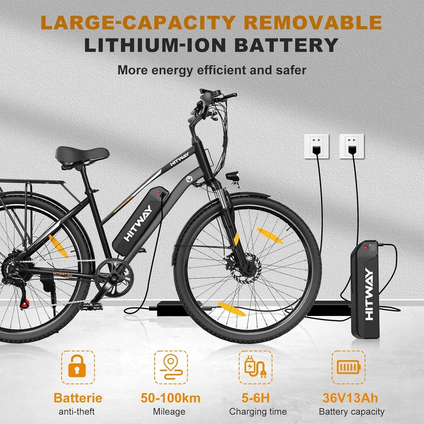 HITWAY Electric bike, 28 electric bikes, city e-bike with removable battery 36V 13Ah, motor 250W, 7 speeds