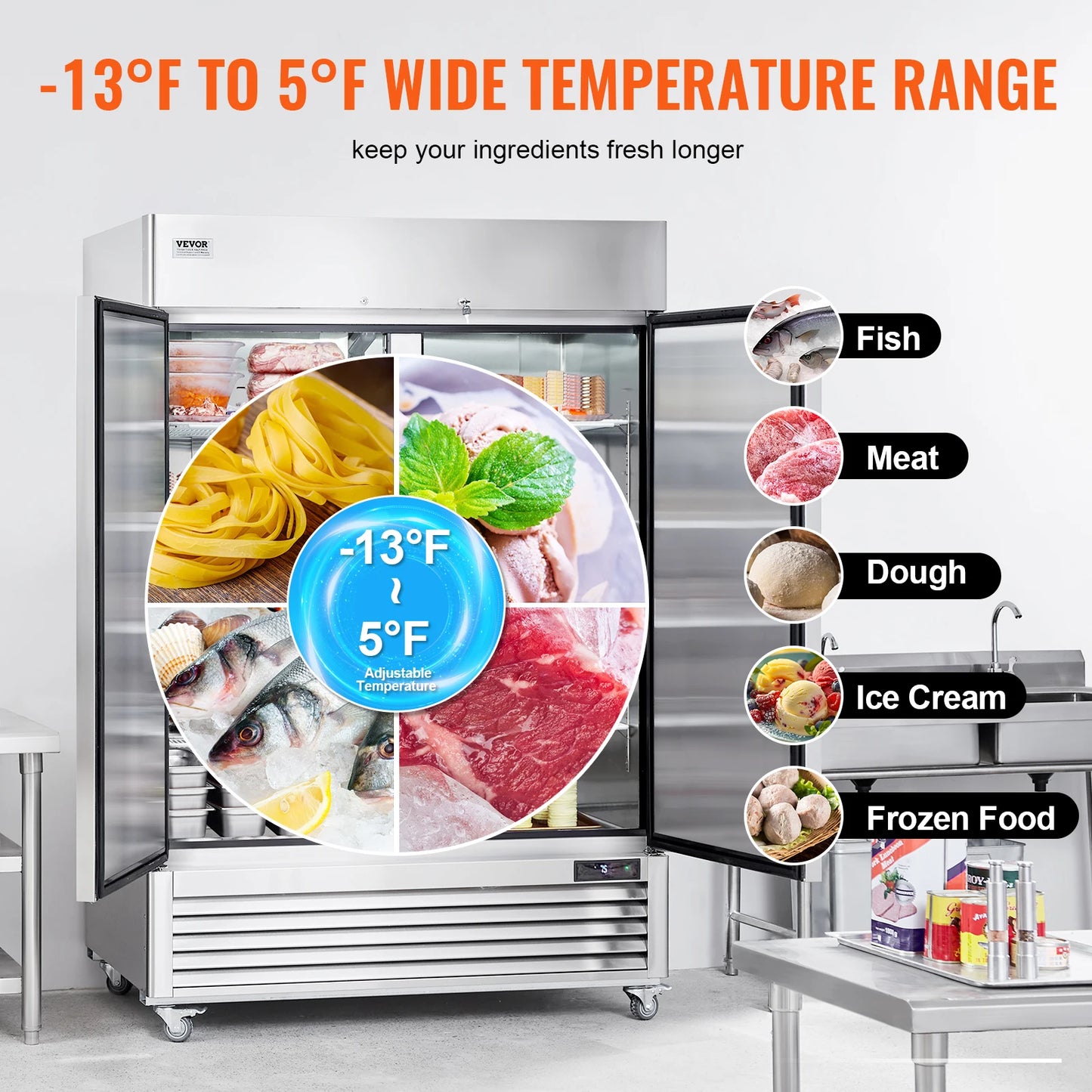 SucceBuy 1252L Commercial Freezer Upright Freezer 2 Doors Auto-Defrost Stainless Steel with 8 Adjustable Shelves for Commercial