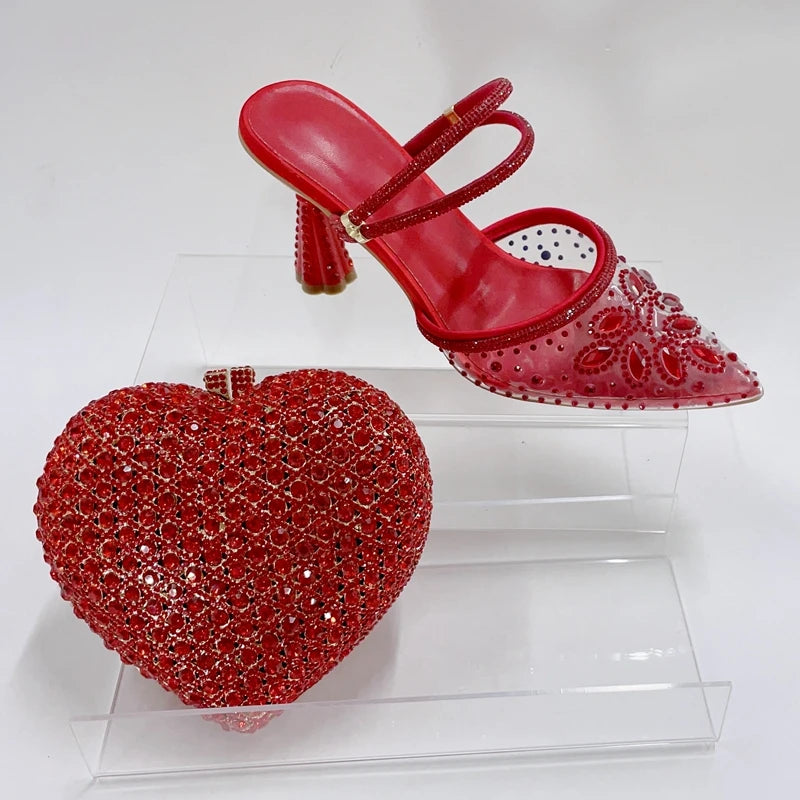 INSIGHTLINK Red Color Party Shoes and Bags Nigerian Women’s Suit Medium Heel Pointed Toe Women’s Shoes  Rhinestones sandals Red