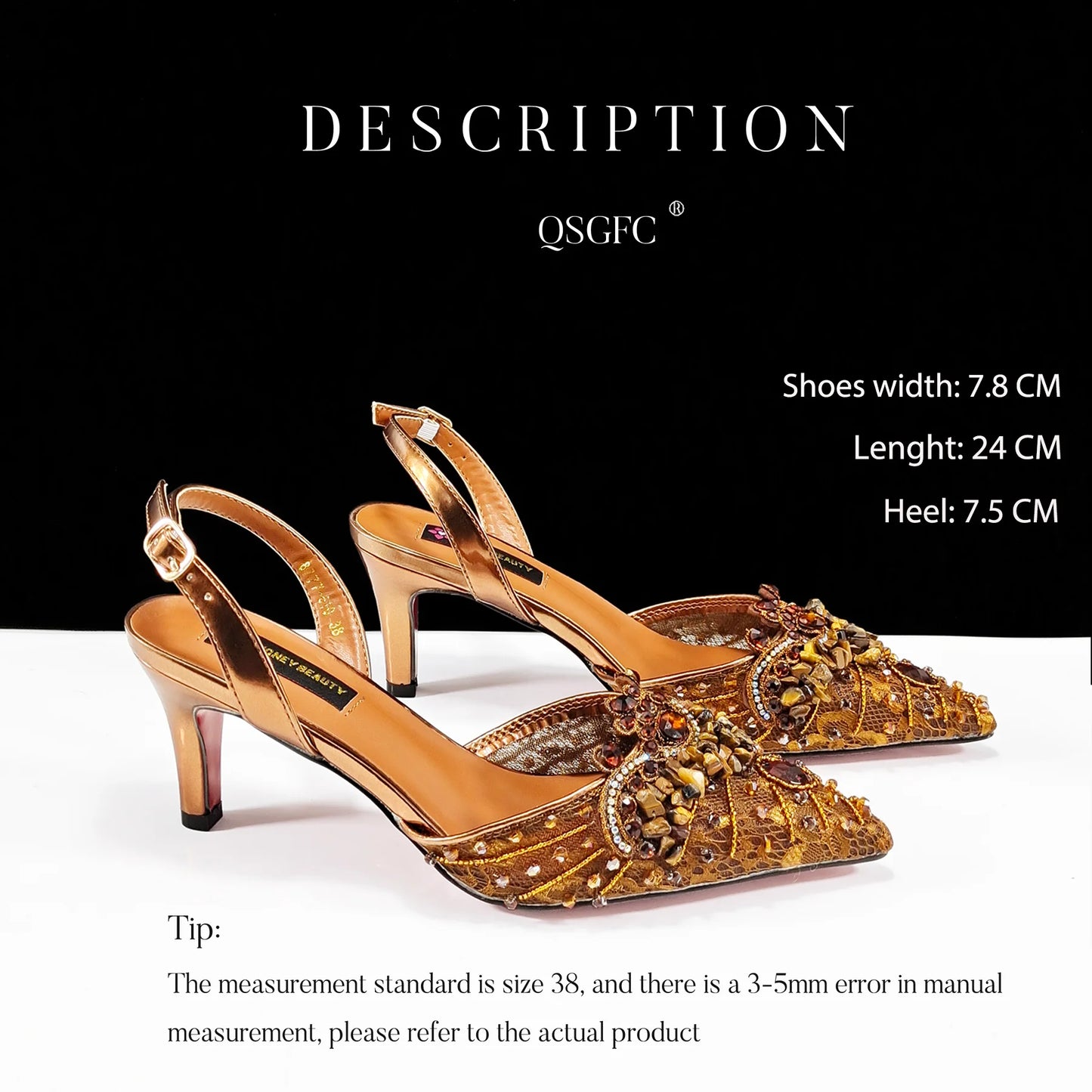 QSGFC Italian Design Rhinestones and Coral Stones Ladies Party Shoes High Heels Pointed Toe Coffee Color Women's Shoes