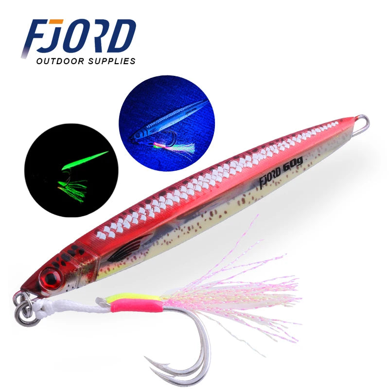 FJORD 3D Printing Metal Jig Night Glow Vertical Jig 40g 60g 80g Laser Strong Glow Silk UV Point Pike Hook Fishing Lure Supply