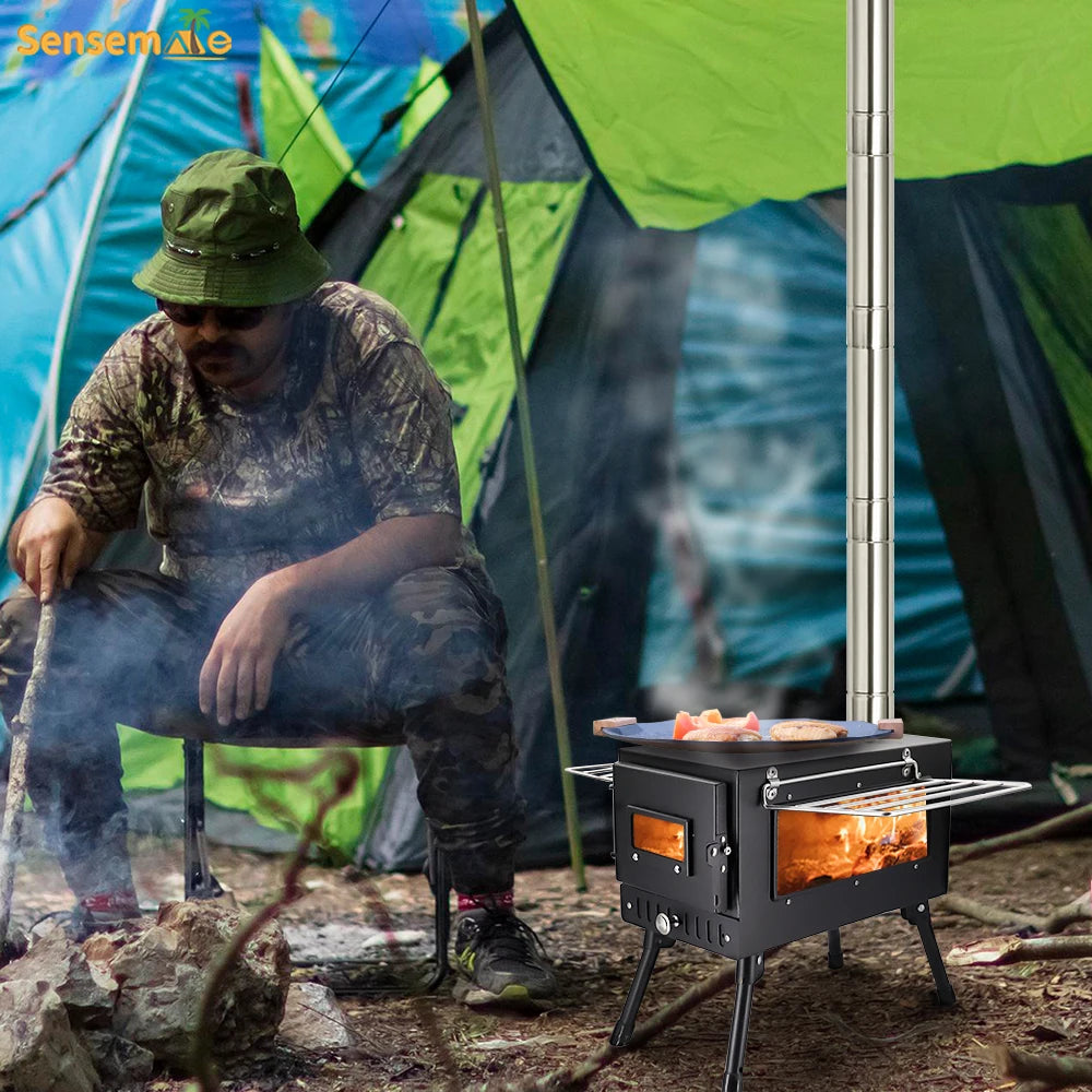 Portable Outdoor Camping Wood-burning Stove Wood Burner Stainless Steel Foldable Tent Heater w Tent Fire Window Patio Fireplace