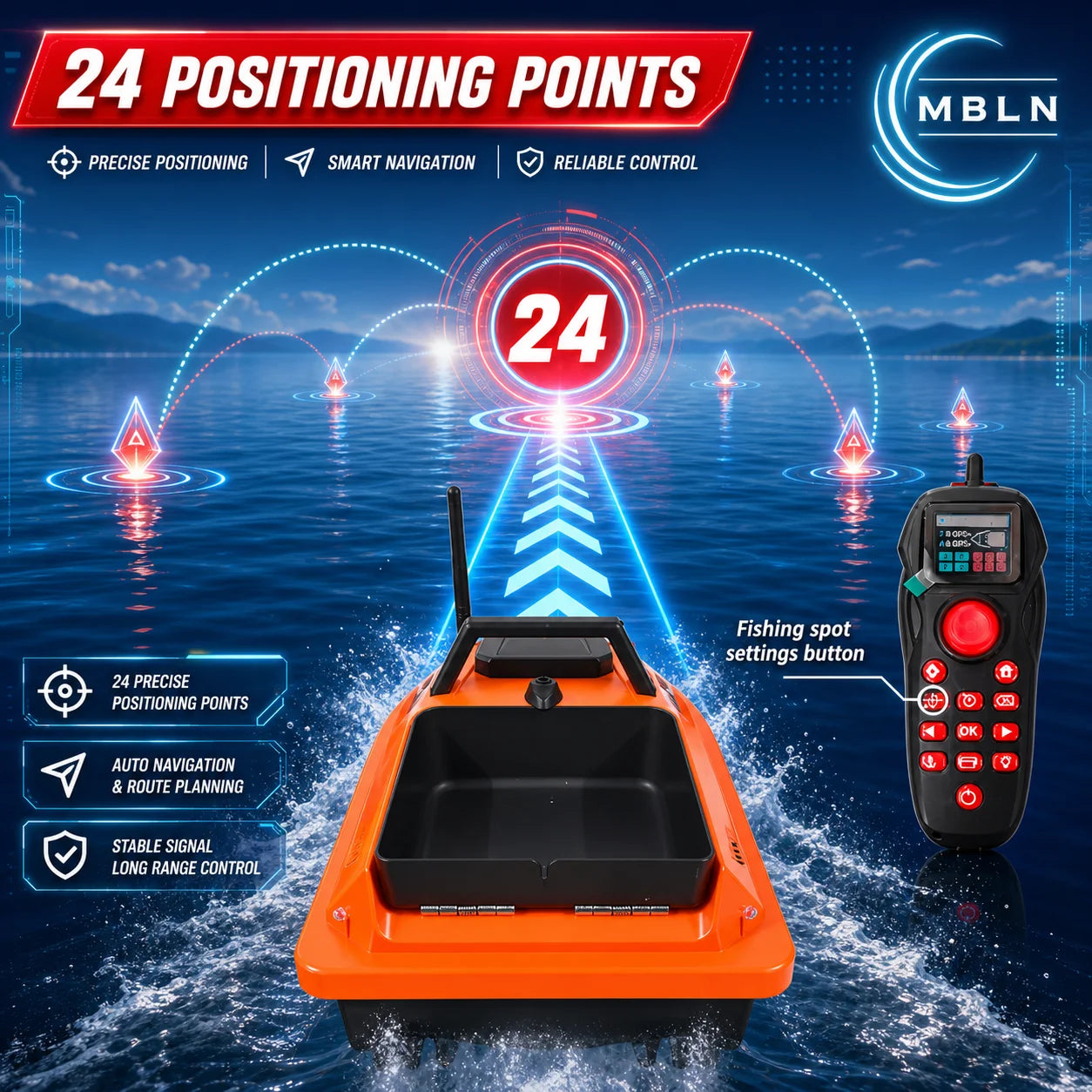 MBLN GPS RC Bait Boat, 500M Remote Fishing Bait Boat with 1.5KG Hopper, Auto Return, Electronic Anchor, Cruise Control