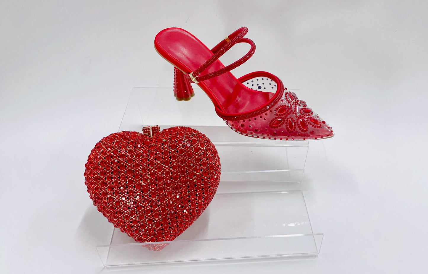 INSIGHTLINK Red Color Party Shoes and Bags Nigerian Women’s Suit Medium Heel Pointed Toe Women’s Shoes  Rhinestones sandals Red