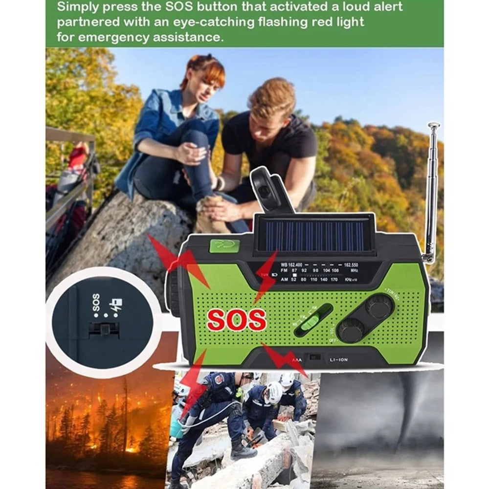 Emergency Weather Radio /AM/FM/WB With 2000mAh Portable Radio Power Bank USB/Solar/Hand Crank Charge,Battery Operated,SOS Alarm