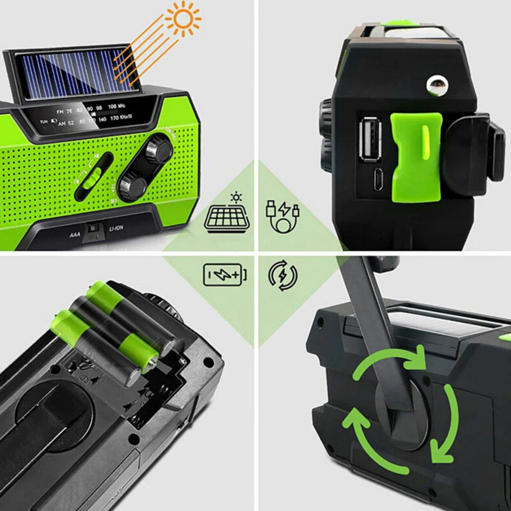 Emergency Weather Radio /AM/FM/WB With 2000mAh Portable Radio Power Bank USB/Solar/Hand Crank Charge,Battery Operated,SOS Alarm