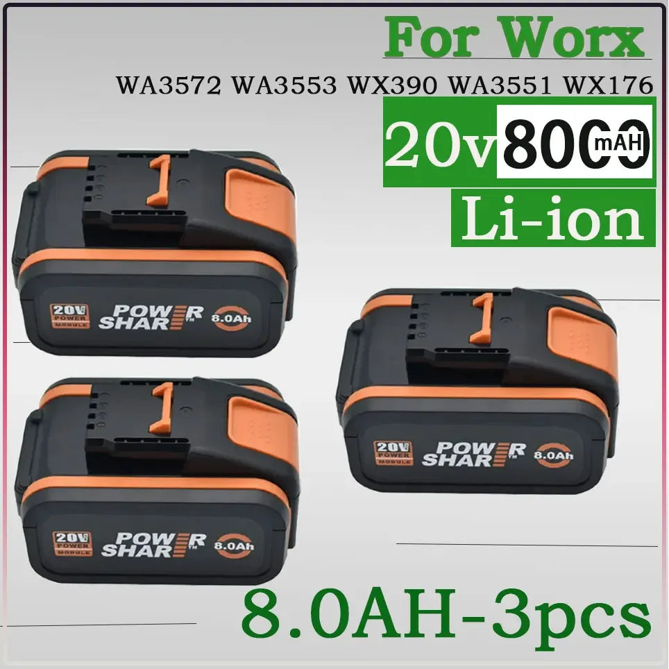 Worx Original 20V 8.0Ah Lithium battery Rechargeable WA3553 WA3551 WA3553.1 WA3570 for All WORX Electric and Garden Tools