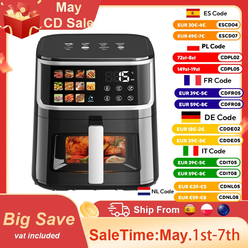 Patbrela Non-fat fryer 8L Large Hot Air Frye with Led Screen 11 Preset Functions Roast Bake Dehydrate Reheat Quiet Non-Stick