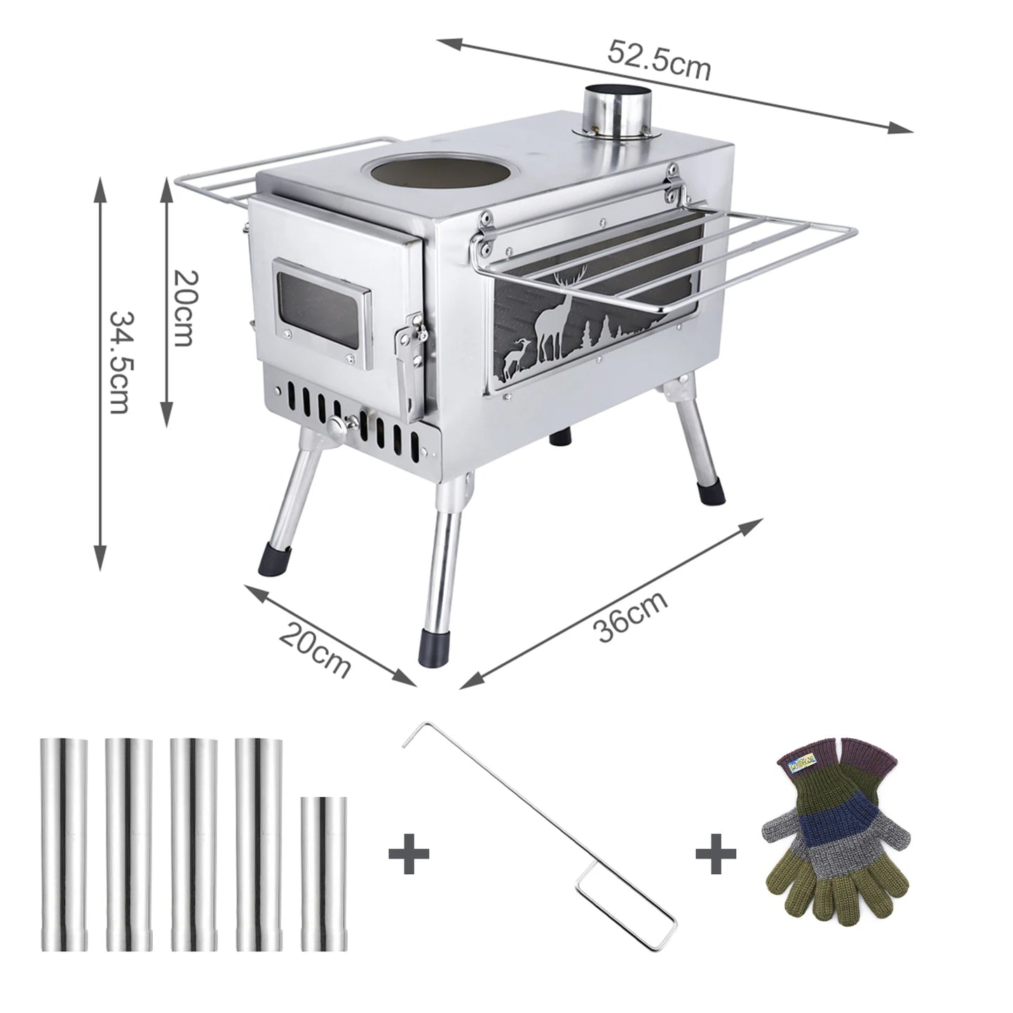 Portable Outdoor Camping Wood-burning Stove Wood Burner Stainless Steel Foldable Tent Heater w Tent Fire Window Patio Fireplace
