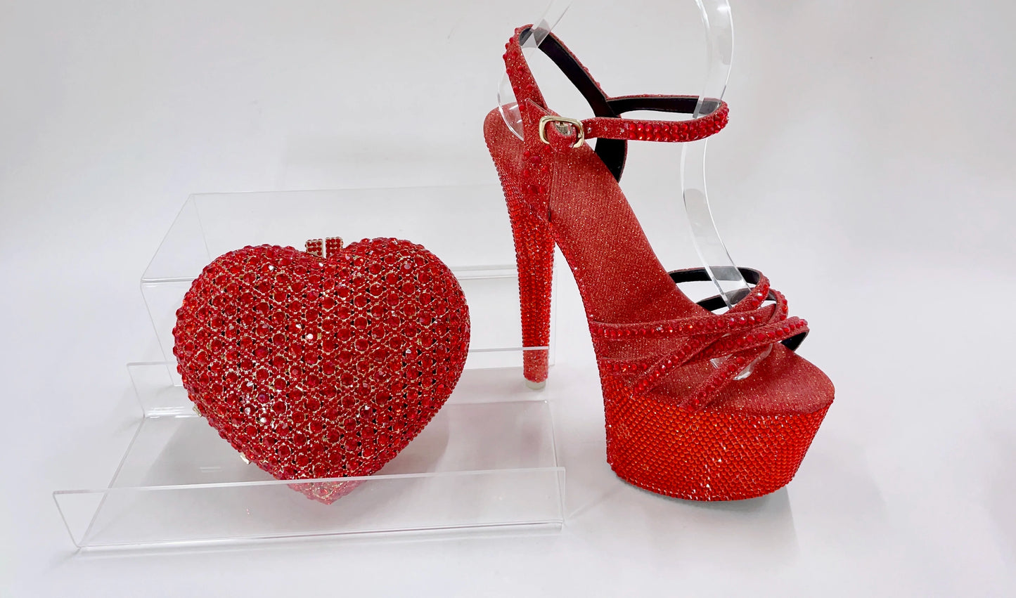 INSIGHTLINK Red Color Party Shoes and Bags Nigerian Women’s Suit Medium Heel Pointed Toe Women’s Shoes  Rhinestones sandals Red