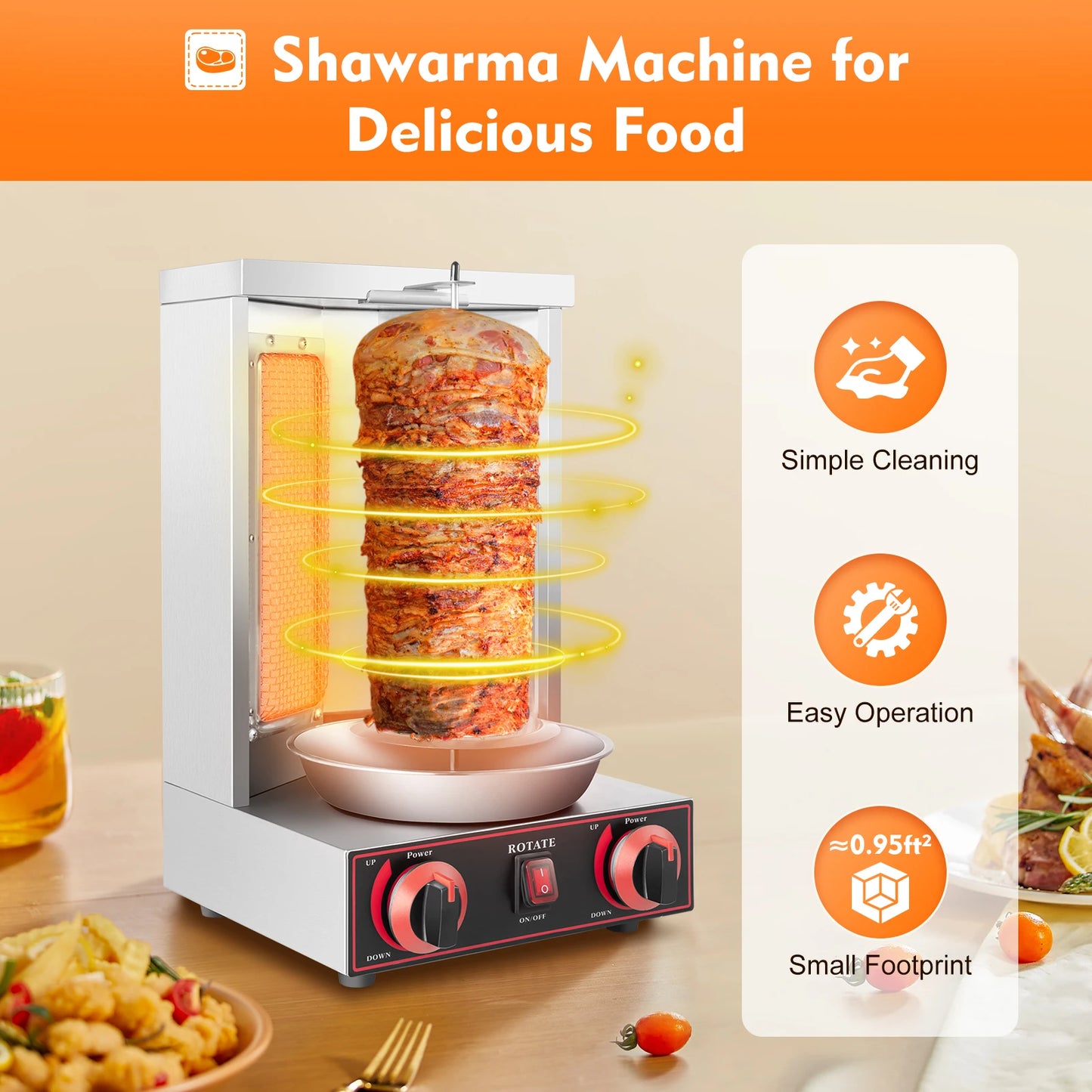 3000W Gas Vertical Shawarma Machine Doner Kebab Grill Gyro Rotisserie Oven Meat Broiler with 2 Burner for Home Restaurant
