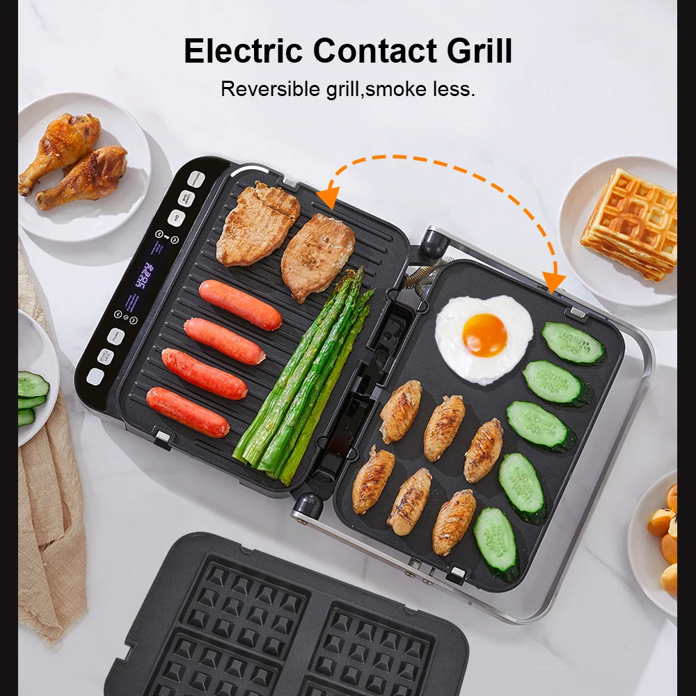 BioloMix 2000W Digital Contact Grill Features 180 Degree Open Design Optional Waffle Maker Plates for Panini BBQ and More