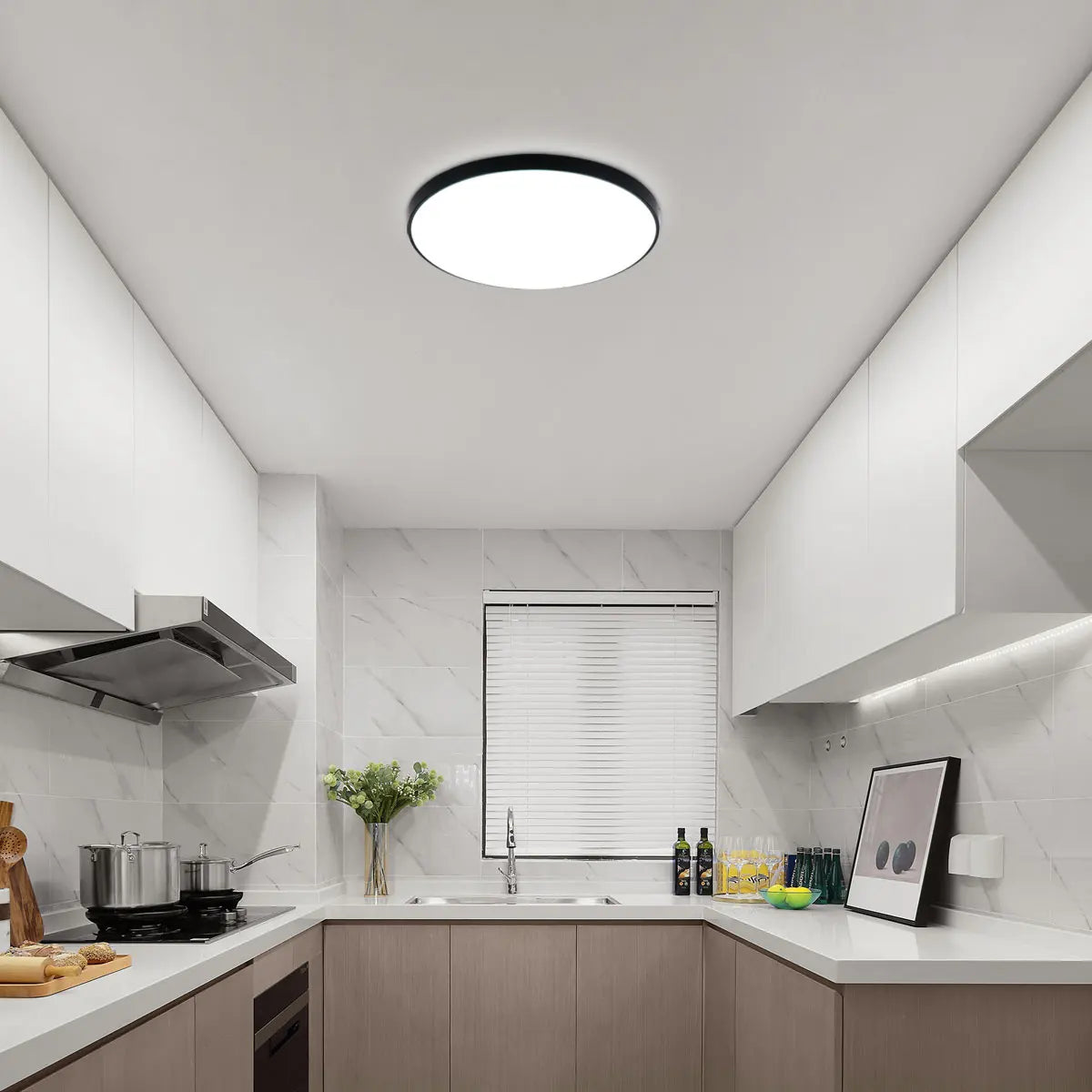 24W LED Round Ceiling Light, Waterproof Modern Black Plastic Flush Mount Fixture for Bedroom, Living Room, Kitchen