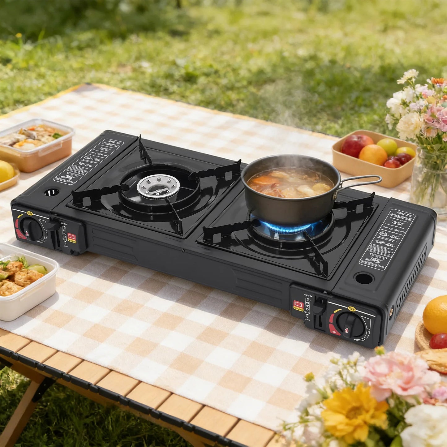 Portable Camping Stove 2500W Dual Burner Gas Stove with Baking Tray & Carry Case for Outdoor Camping Picnic RV Patio Cooking