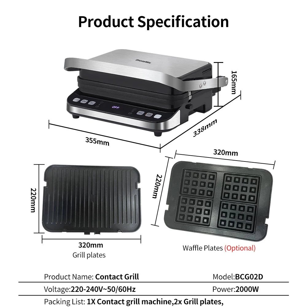 BioloMix 2000W Digital Contact Grill Features 180 Degree Open Design Optional Waffle Maker Plates for Panini BBQ and More