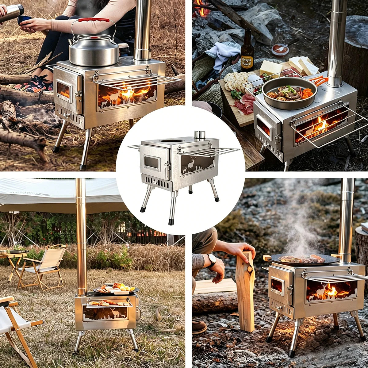 Outdoor Tent  Firewood Stove, Camping Heating Stove, Large Stainless Steel Stove, Outdoor Cooking, Barbecue Heating