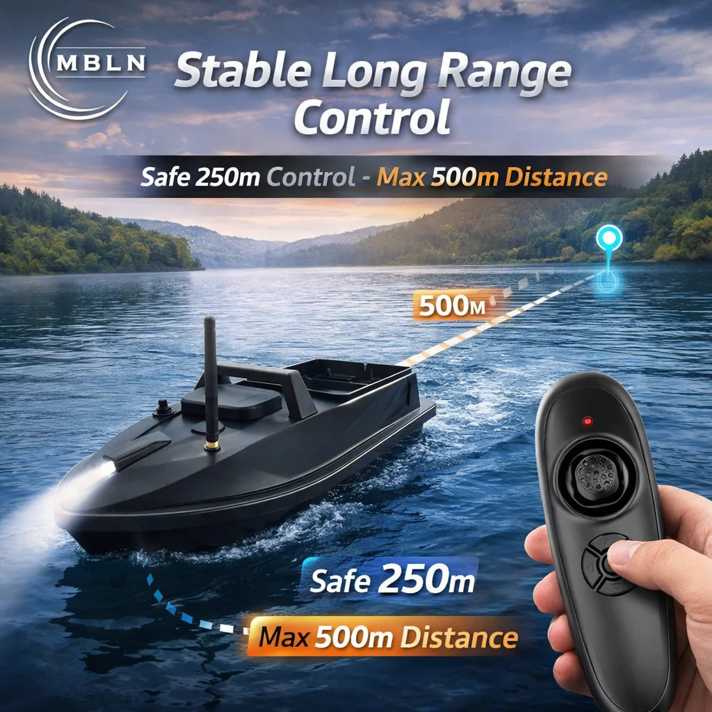 MBLN Mini Bait Boat 500m Remote Control, Ultra-Quiet Dual Motor, Cruise Control, 1.5kg Load, Night Lights, Auto Yaw Correction