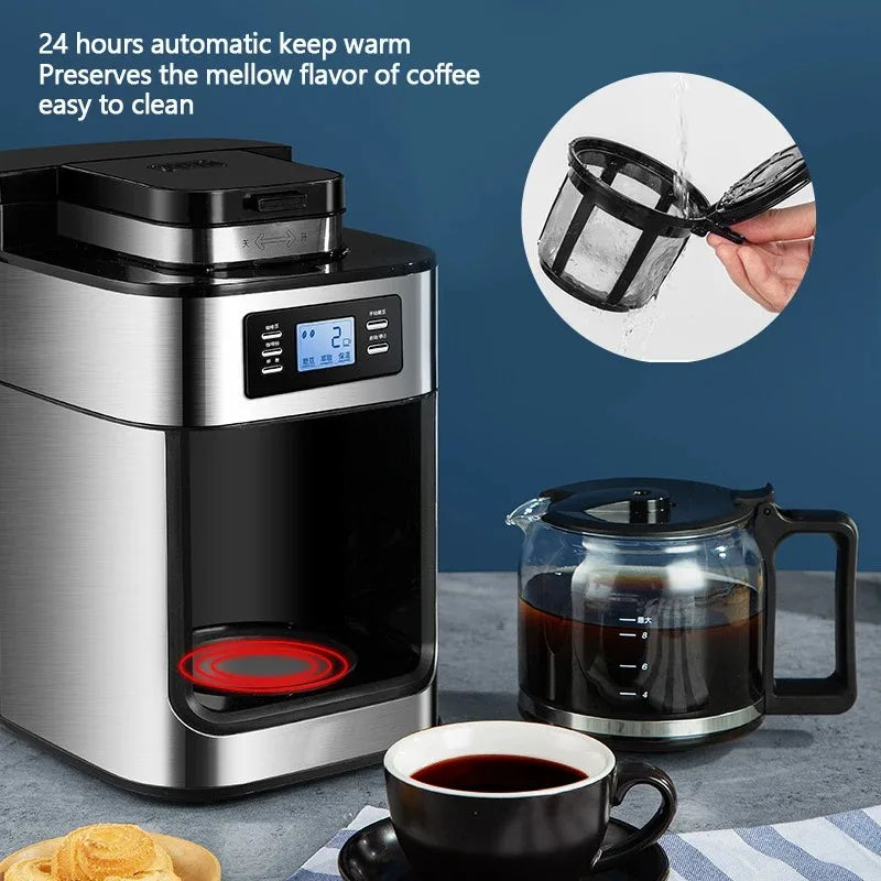 DIVEDEER Home Coffee Maker Machine 1000W Automatic display Bean Grinder Fresh Grinding American Espresso Coffee Tea Milk