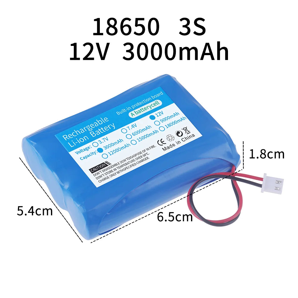 3.7v 7.4v 12v 18650 Li-ion battery 3000mAh 6000mAh 8000mah 9000mAh 12000mAh with PCB protection XH 2.54 2P Plug