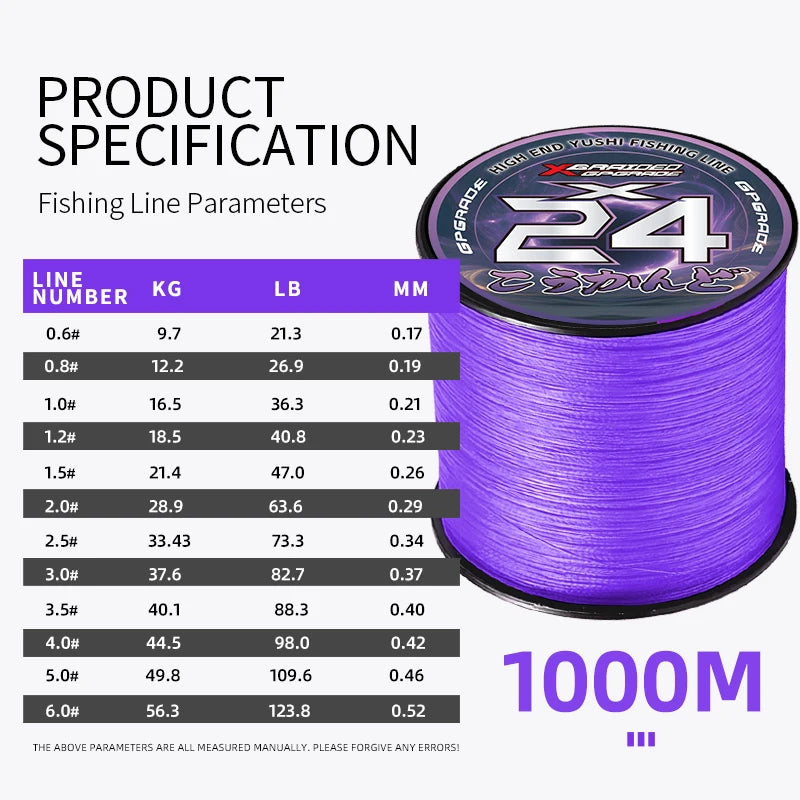 YGKX New Fishing Lines 24 Strands Braided PE Japan Smooth Multifilament Line 300/500/1000M Sea Fishing Carp Fly Wire line Tool