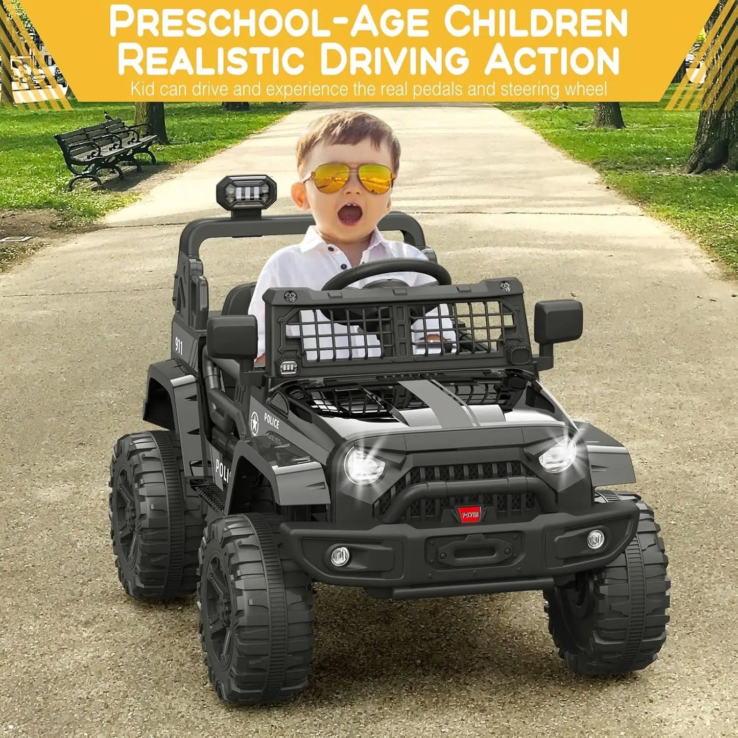 Electric Car Kid 12V Children's Ride On Off-Road Car Toys with Suspension Spring/LED Lights/Bluetooth/2 Speeds for 3 to 8 Years