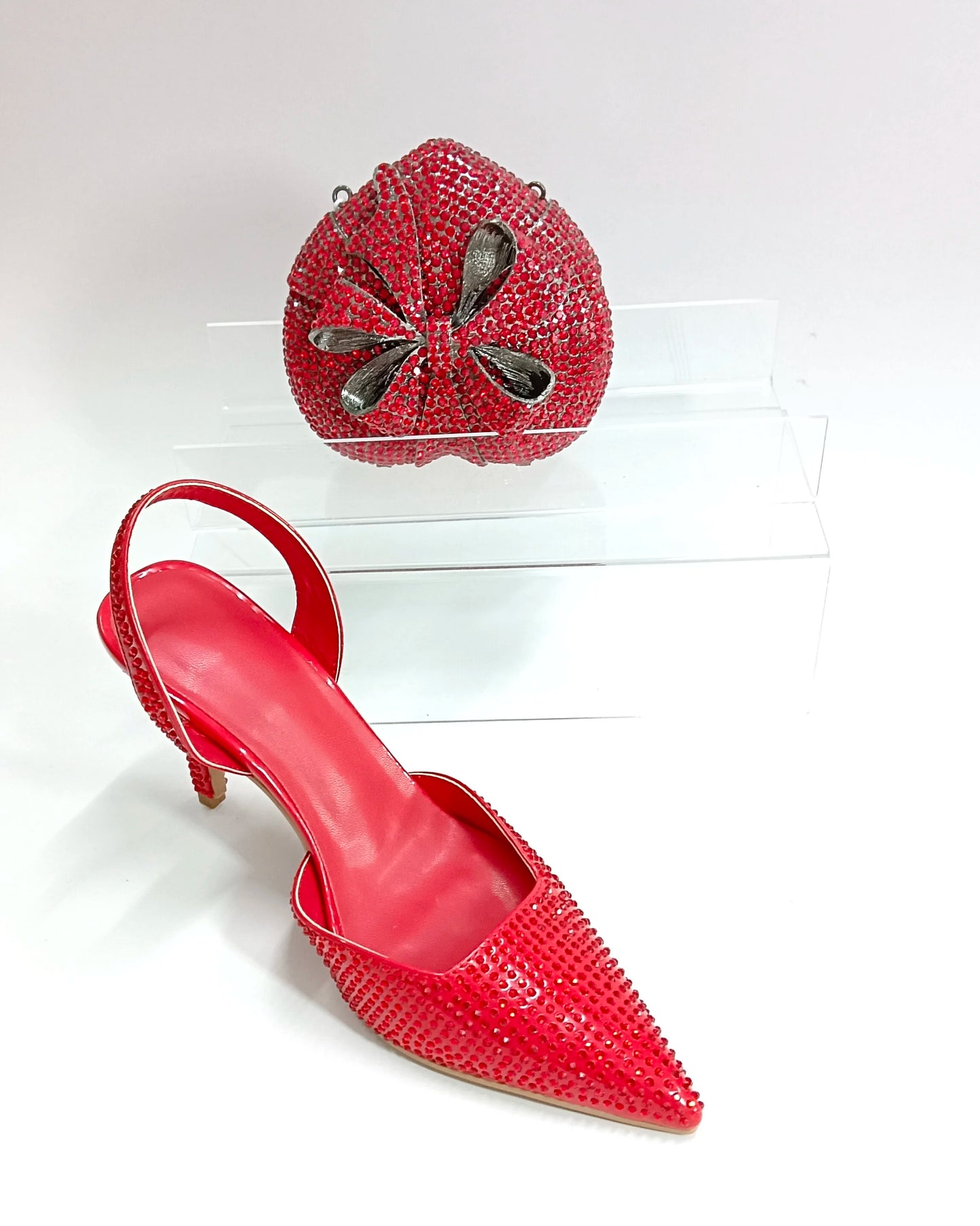 INSIGHTLINK Red Color Party Shoes and Bags Nigerian Women’s Suit Medium Heel Pointed Toe Women’s Shoes  Rhinestones sandals Red