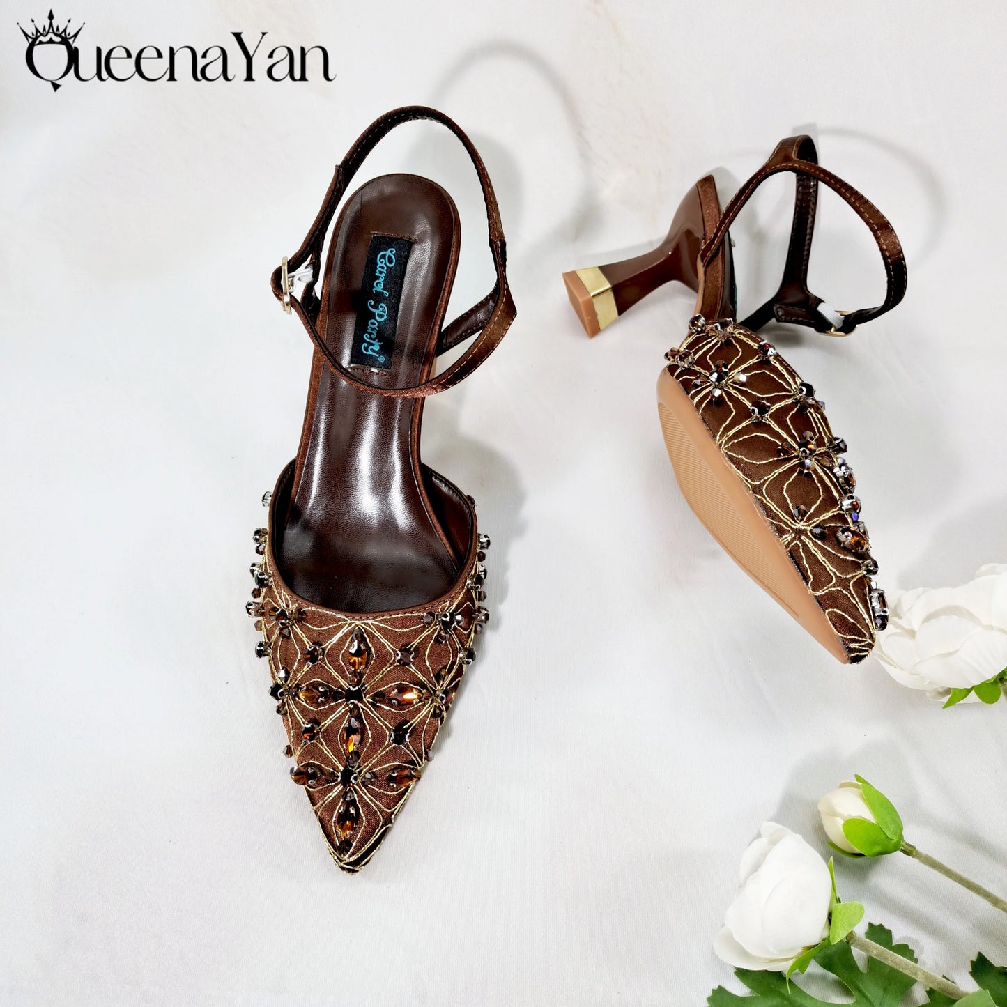 Queena Yan The best gift: Sweet Design Embroidered Beaded Pointed Toe Shoes Comfortable Square Heel Sandals