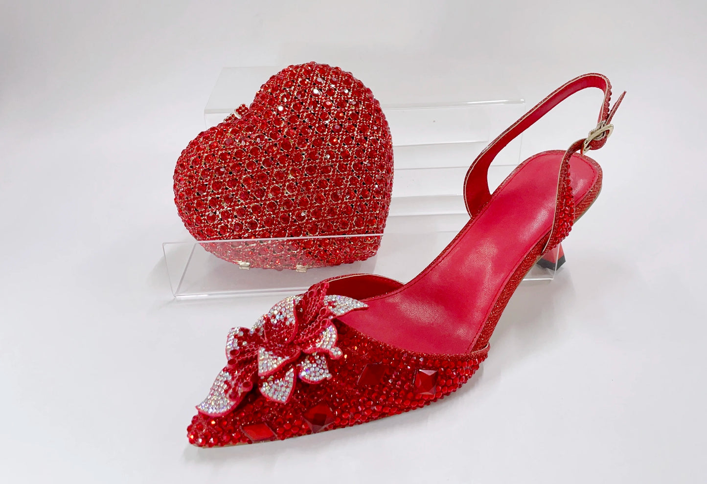 INSIGHTLINK Red Color Party Shoes and Bags Nigerian Women’s Suit Medium Heel Pointed Toe Women’s Shoes  Rhinestones sandals Red