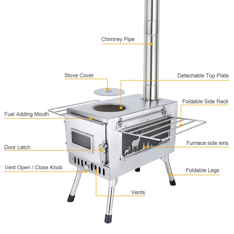 Portable Outdoor Camping Wood-burning Stove Wood Burner Stainless Steel Foldable Tent Heater w Tent Fire Window Patio Fireplace